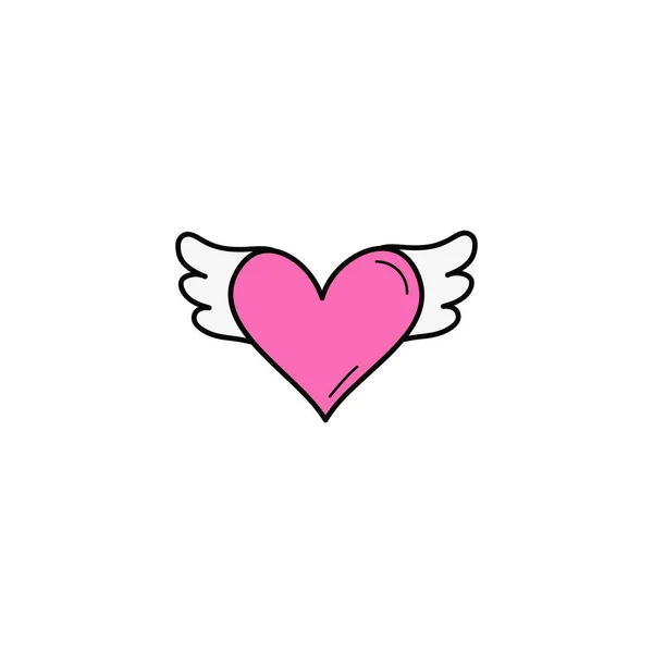 心脏与翅膀矢量插图图标 涂鸦手绘出卡通粉红天使之心的轮廓 被隔离了 — 图库矢量图片