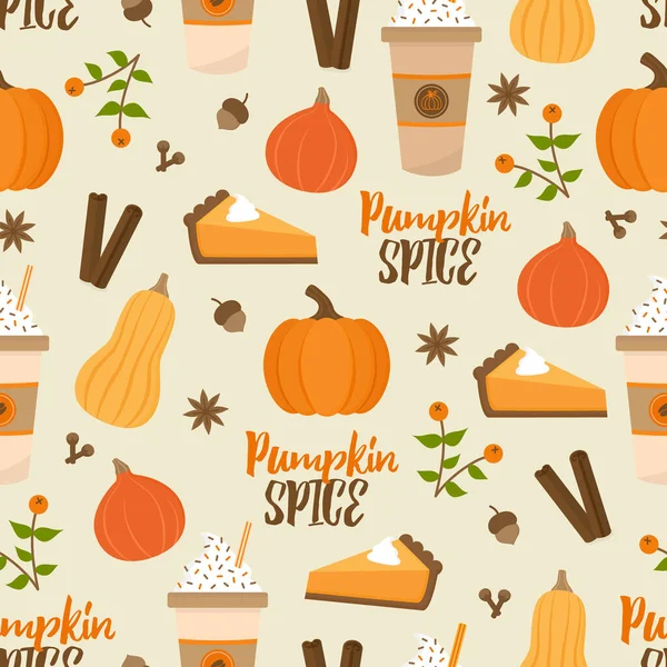 Pumpkin Spice Temporada Vetor Desenhado Mão Sem Costura Padrão Abóbora — Vetor de Stock