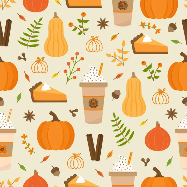 Pumpkin Spice Season Vector Hand Drawn Seamless Pattern Cute Orange — Stock Vector