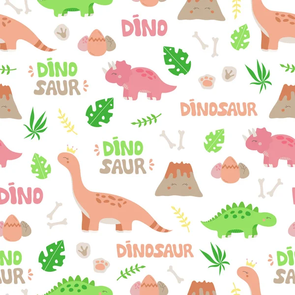 Leuke Dinosaurus Vector Naadloos Patroon Kind Dino Illustraties Van Prehistorische — Stockvector