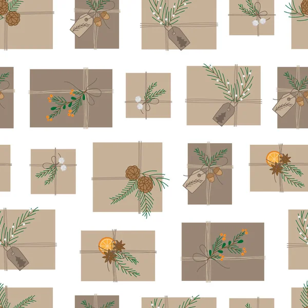 Natürliche Verpackte Geschenke Vektoren Nahtlose Muster Weihnachtsgeschenke Braunem Geschenkpapier Und — Stockvektor
