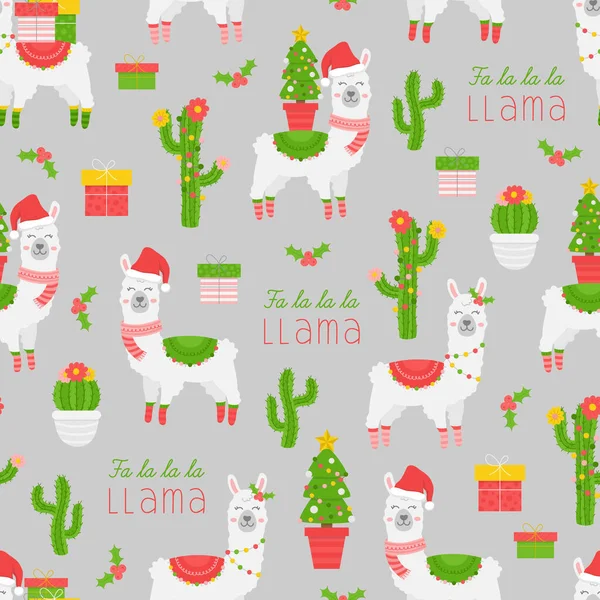 Cute Christmas Llama Vector Seamless Pattern Xmas Llama Animal Cactus — Stock Vector