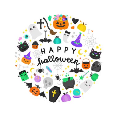 Cadılar Bayramı yuvarlak vektör çizelgeniz kutlu olsun. Cadılar Bayramı el yazısı ve el çizimi ürkütücü nesneler daireler çiziyor. İzole tebrik kartı.