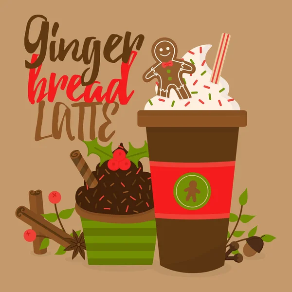 Gingerbread Latte Vector Grafische Illustratie Seizoensgebonden Herfst Kerst Koffie Kopje — Stockvector