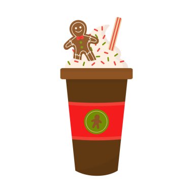 Gingerbread latte vector graphic illustration. Seasonal, autumn, christmas coffee in cup decorated with whipped cream, sprinkles, gingerbread man cookie. Isolated. clipart