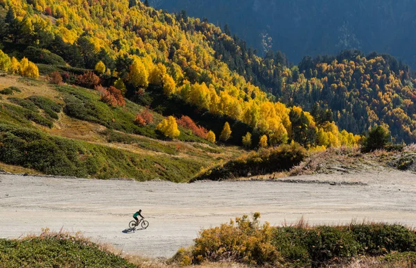 Mountainbike Cyklist Ridning Cykel Höstens Inspirerande Landskap — Stockfoto