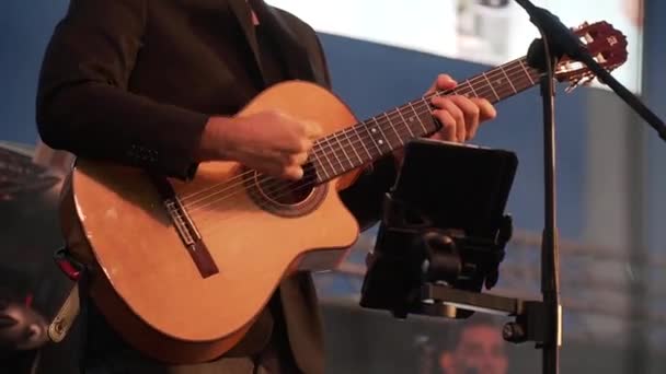 Man Playing Guitar Hands Close — Stock Video