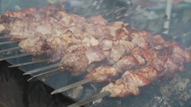 ızgara üzerinde bir kırmızı kabuk ile sulu lezzetli kebap, kömürleri üzerinde füme