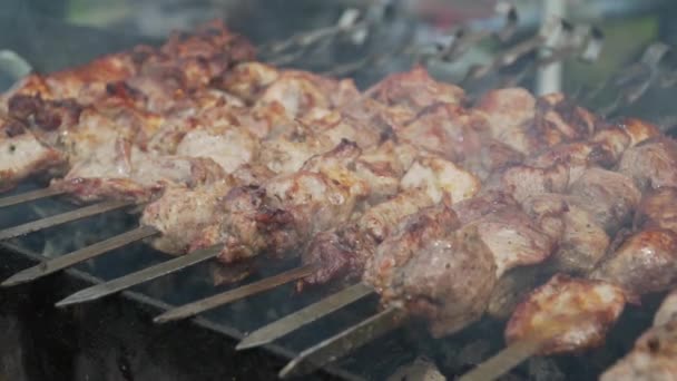 多汁的美味烤肉串 烤架上有红润的外壳 在煤上熏制 — 图库视频影像