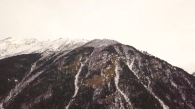 bulutlu havalarda karla kaplı dağ, dağda ağaçların bir yeri vardır