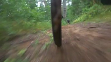 bir bisikletçi bir orman yolu boyunca sürmek, kamera çerçevenin altından kaldırır