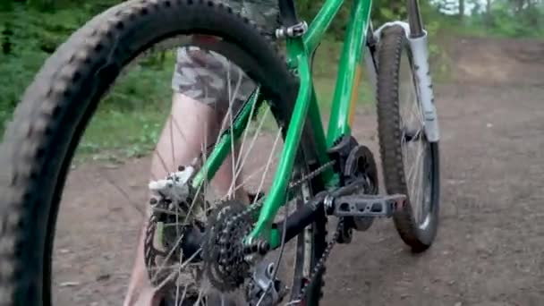 Rowerzysta prowadzi rower obok niego pod górę w lesie — Wideo stockowe