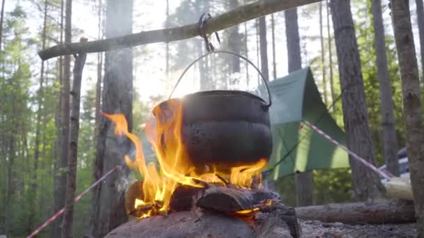 En gryta hängande på en pinne över elden, elden lindad runt den — Stockvideo