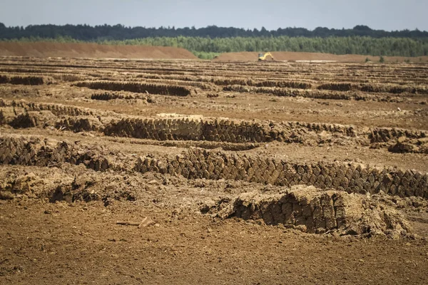 泥炭提取 草皮块堆积起来干燥 工业自然破坏了一个凸起的沼泽 免版税图库图片