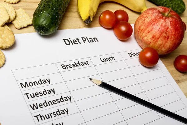 Sheet Diet Plan Fresh Products Wooden Table Top View — Stock Photo, Image