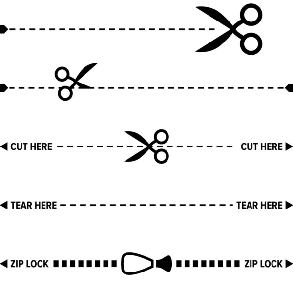 Forbici e linea di lacerazione, linea di taglio, simbolo della chiusura lampo. Illustrazione vettoriale bianco e nero . — Vettoriale Stock