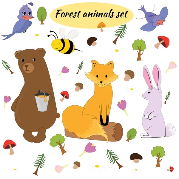 Vector collection of forest animals and birds in trendy cartoon style. Collection of bear, bee, fox, bunny, and birds, isolated on white. Vector illustration. Cartoon animals collection.