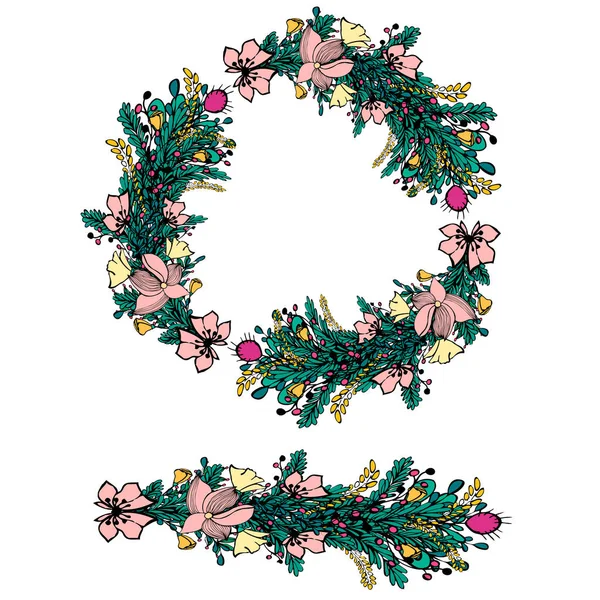 Bloemen Krans Witte Achtergrond Heldere Kleurrijke Zomerbloeiers Vector Floral Frame — Stockvector