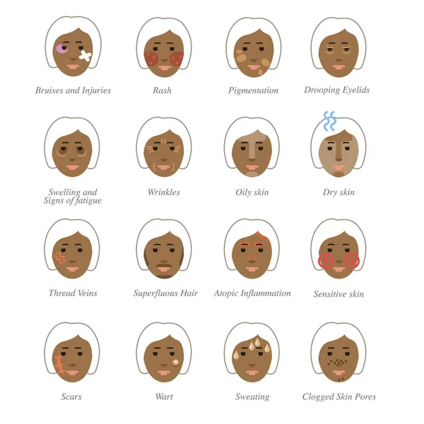 Проблемы Кожей Лицом Косметологии Красочные Иконы Африканской Женщины — стоковый вектор