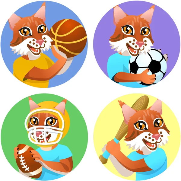 Sport emblems for basketball, soccer, American football and baseball with a wild lynx in the t-shirt as a sportsman