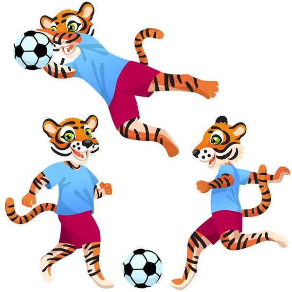 Tre Tigri Come Calciatori Uniforme Pose Dinamiche Con Pallone Calcio — Vettoriale Stock