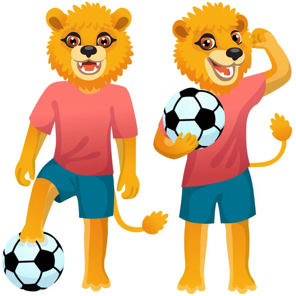 Два Стоящих Льва Форме Футболистов Футбольным Мячом — стоковый вектор