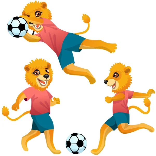 Trois Lions Comme Les Footballeurs Uniforme Poses Dynamiques Avec Ballon — Image vectorielle