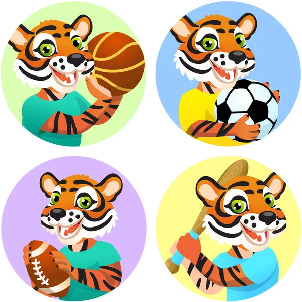 Спортивные Эмблемы Баскетбола Футбола Американского Футбола Бейсбола Диким Тигром Футболке — стоковый вектор