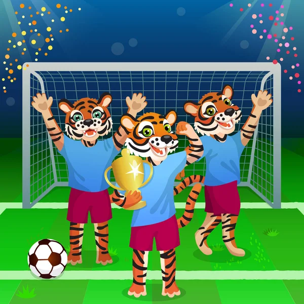 Groupe Trois Tigres Uniforme Acclamant Sur Terrain Football Avec Gobelet — Image vectorielle