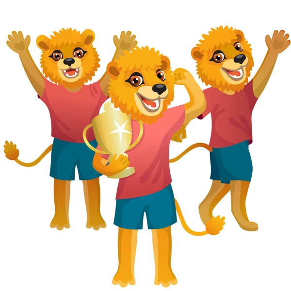 Groep Van Drie Leeuwen Uniform Juichen Het Voetbalveld Met Goblet — Stockvector
