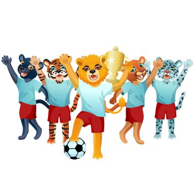 Kadeh ve futbol topu ile aslan ve panter, kaplan, kar leoparı ve puma ekibi beyaz arka plan üzerinde