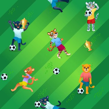 Topları ve kadehleri ile üniforma oyuncular olarak futbol sahası arka plan ve vahşi kedilerin Dikişsiz desen
