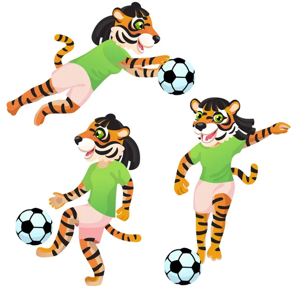 Tre Ragazze Tigre Come Calciatori Uniforme Pose Dinamiche Con Pallone — Vettoriale Stock