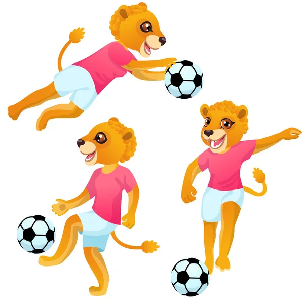 Trois Filles Lion Comme Les Footballeurs Uniforme Poses Dynamiques Avec — Image vectorielle