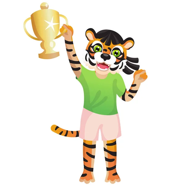 Tiger Girl Sport Uniform Cheering Goblet White Background — Stock Vector