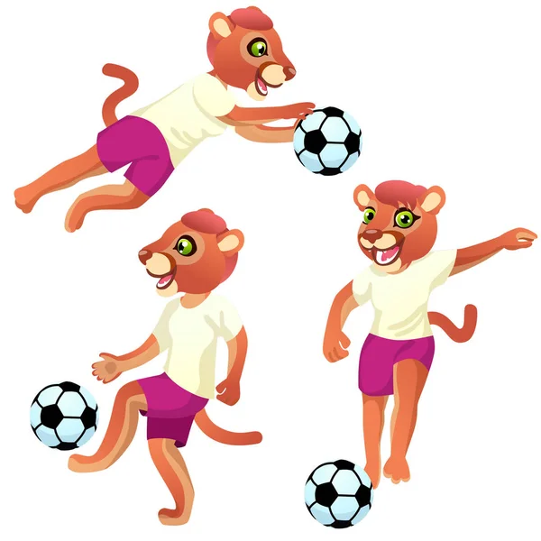 Drie Cougar Meisjes Als Voetballers Uniform Dynamische Poses Met Soccer — Stockvector