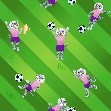Topları ve kadehleri ile üniforma oyuncular olarak futbol sahası arka plan ve kar leoparı kız Dikişsiz desen