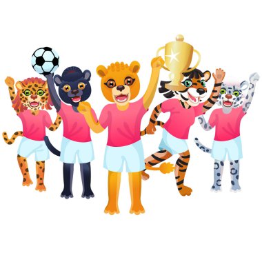 Kadehi olan aslan kız ve panter, kaplan, kar leoparı ve jaguar takımı beyaz arka planda.