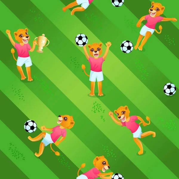 Nahtlose Muster Von Fußballfeld Hintergrund Und Löwenmädchen Als Spieler Uniform — Stockvektor