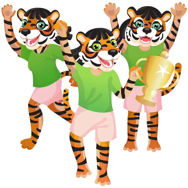 Groep Van Drie Tiger Girls Sport Uniform Juichen Met Gouden — Stockvector