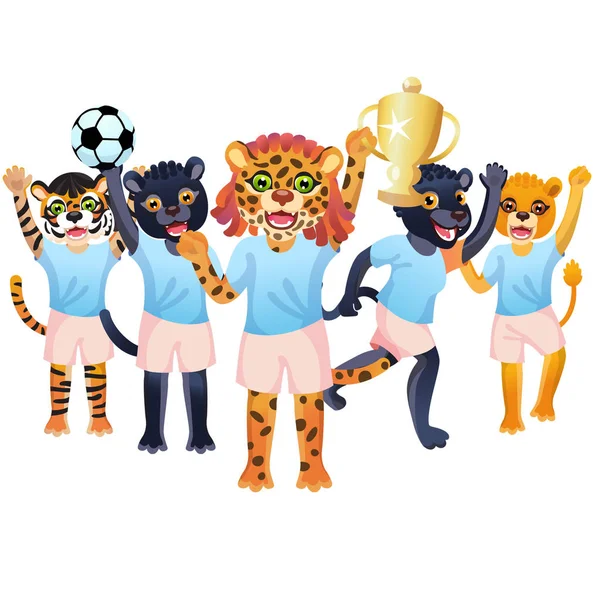 Fille Jaguar Avec Gobelet Équipe Deux Panthères Tigre Lion Est — Image vectorielle
