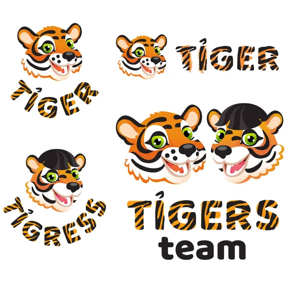 Fyra Typer Tecknade Logotyper Med Tiger Och Tigress Huvud Och — Stock vektor