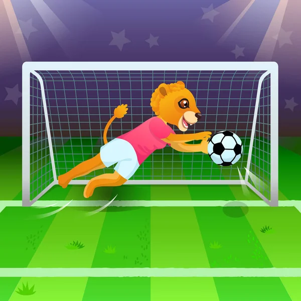 Fille Lion Comme Gardien Attrapant Ballon Football Près Des Portes — Image vectorielle