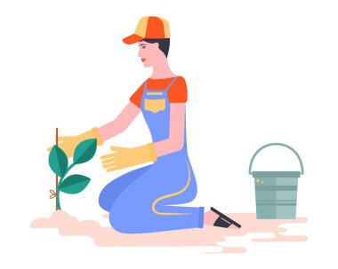 Üniformalı bir kız iş için tulum ve eldiven giyiyor, fabrikanın gövdesini bağlıyor. Kişisel bir plan üzerinde çalış. Aktif yaşam tarzı ve doğada çalışma kavramı. Düz vektör illüstrasyonu