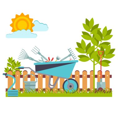 Mavi araba. Bahçıvanlık konsepti ve kişisel bir arsa üzerinde çalışma, aktif bir yaşam tarzı, doğada çalışma. Düz vektör illüstrasyonu