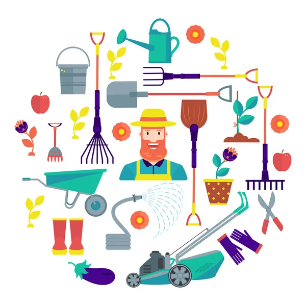 Bahçe aletleri olan bir erkek karakter. Bahçe işleri, açık havada çalışmak, bahçe ve aktif bir yaşam tarzı. Düz vektör çizimi beyaz arkaplanda izole edildi