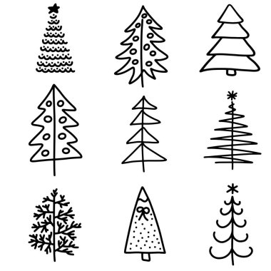 Vektör çizim Eps10. Beyaz arka plan üzerinde çizgi film tarzı düz simgeler izole Noel ağaçları kümesi. Yeni yıl kış koleksiyonu.