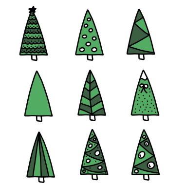 Vektör çizim Eps10. Beyaz arka plan üzerinde çizgi film tarzı düz simgeler izole Noel ağaçları kümesi. Yeni yıl kış koleksiyonu.