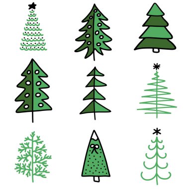 Vektör çizim Eps10. Beyaz arka plan üzerinde çizgi film tarzı düz simgeler izole Noel ağaçları kümesi. Yeni yıl kış koleksiyonu.