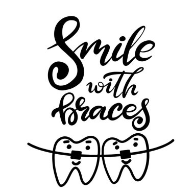 Yazı vektör çizim görüntü ile diş sağlığı bakımı hakkında dişlerde parantez. Eps10. Diş Kliniği posterler için ortodontik tedavi aşaması resim.